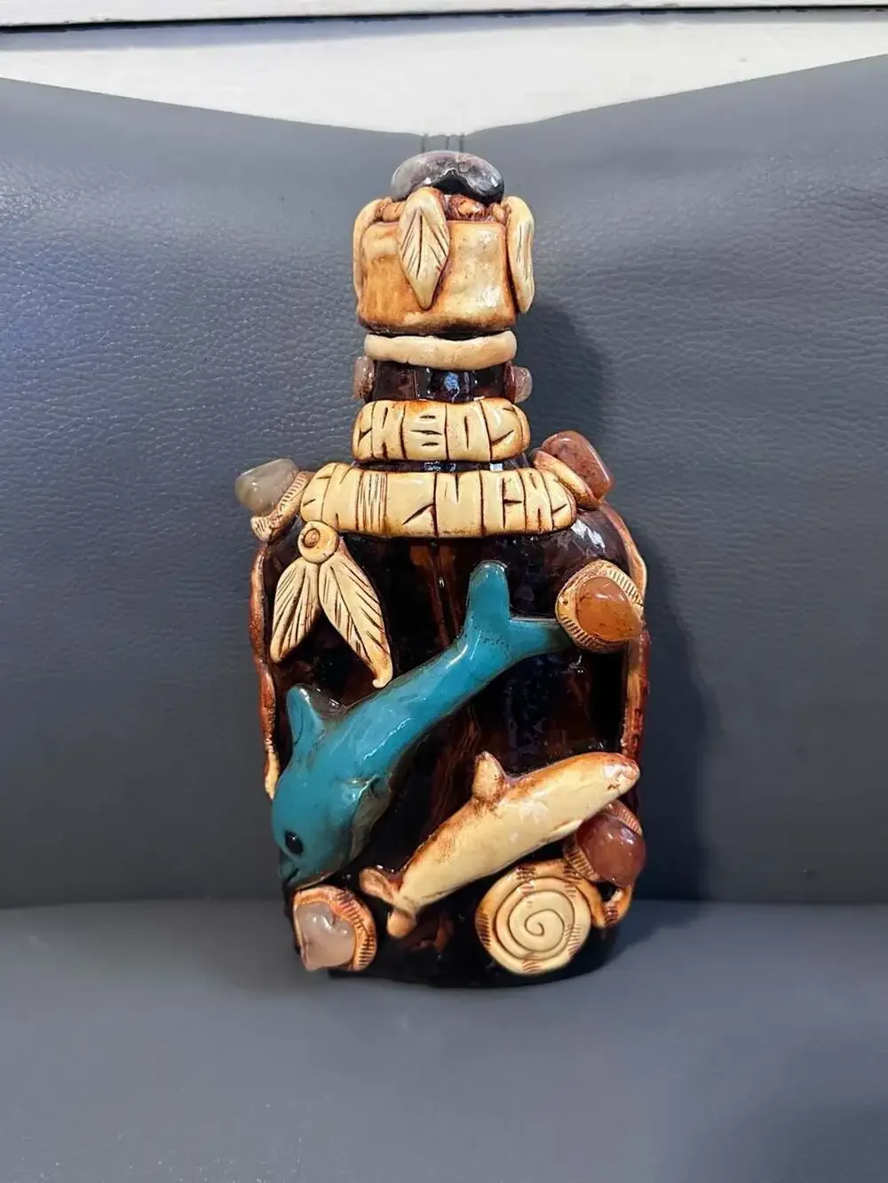 Handmade Mexican Aztec/Mayan Style Folk Art Decanter Bottle Dolphin Gem Accents
